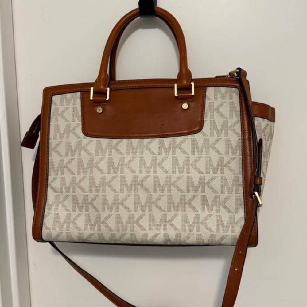 Michael Kors Signature Medium Satchel Crossbody Handbag - Off-White/Luggage Brow - Picture 8 of 10